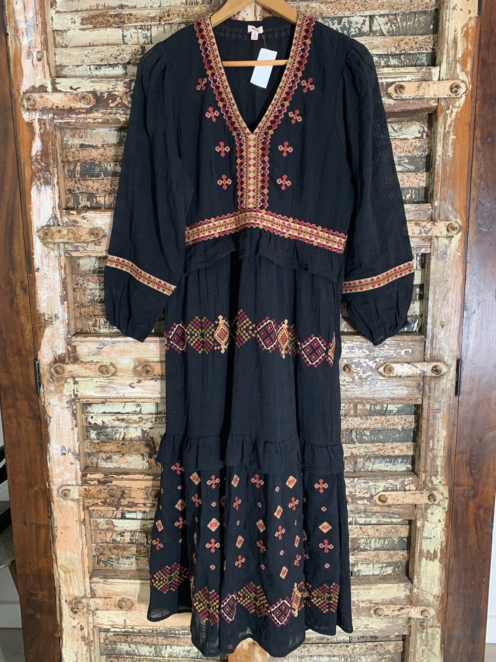 Reba Black Embroidered Tiered Boho Midi Peasant Dress V Neck, Western, 4
